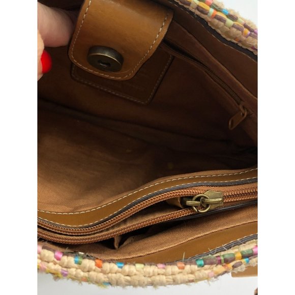 FOSSIL Basket Weave Straw Jute Leather Satchel Purse - Picture 6 of 7